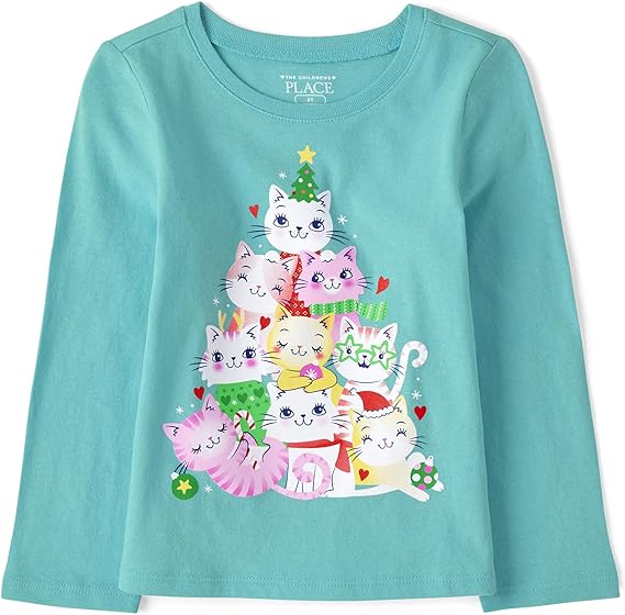 Long Sleeve Christmas Cat Graphic T-Shirt