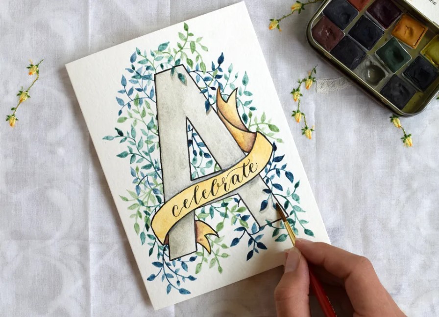 Watercolor Initial birthday card