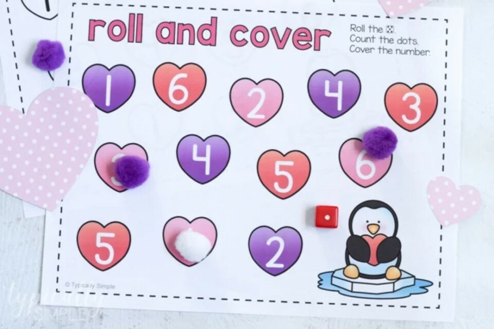 valentines day games for kids - roll and cover heart game