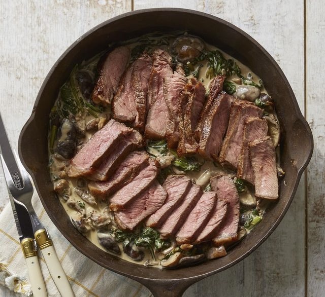 Steak with creamy mushrooms and spinach