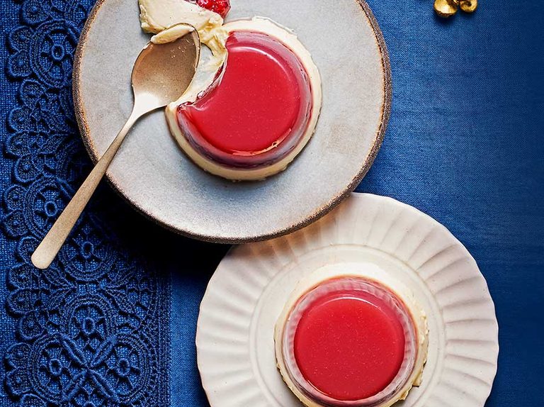 Rose & pomegranate jellies with cardamom panna cotta