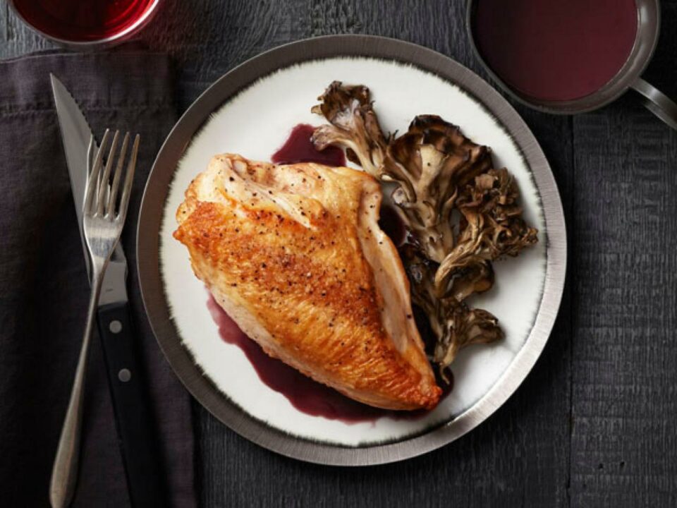 roast chicken and mushrooms with red wine sauce