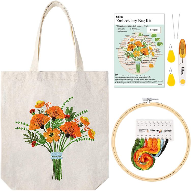 DIY Embroidery Bag with Supplies Organizer Bag with Flower Pattern