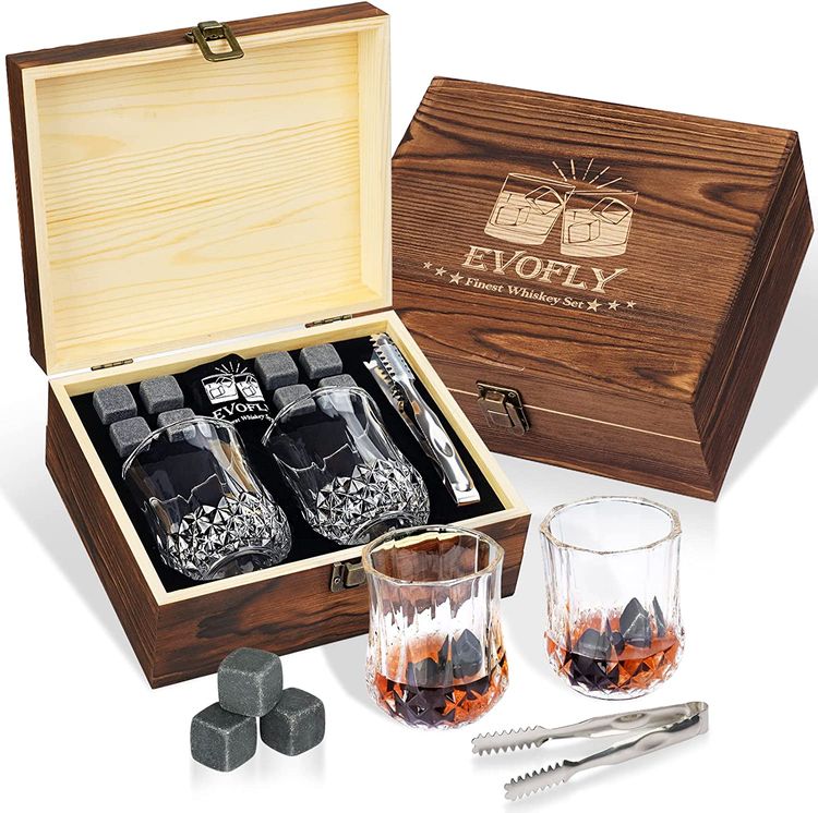 NONE Whiskey Stones and Whiskey Glass Gift Box Set 8 Granite Chilling Whisky  Rocks 2 Glasses in Wooden Box Gifts for Men Dad