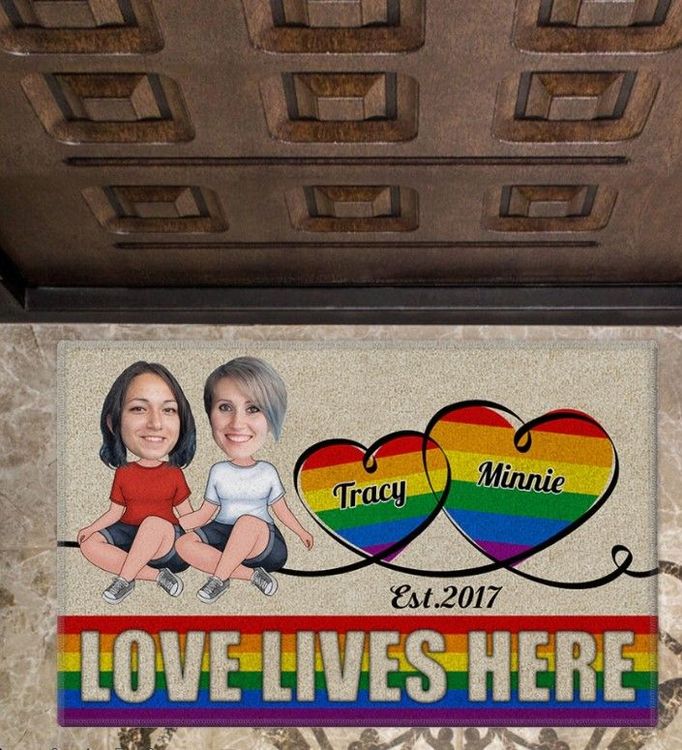Love Lives Here Custom Background Face Doormat For Lessbians Couple