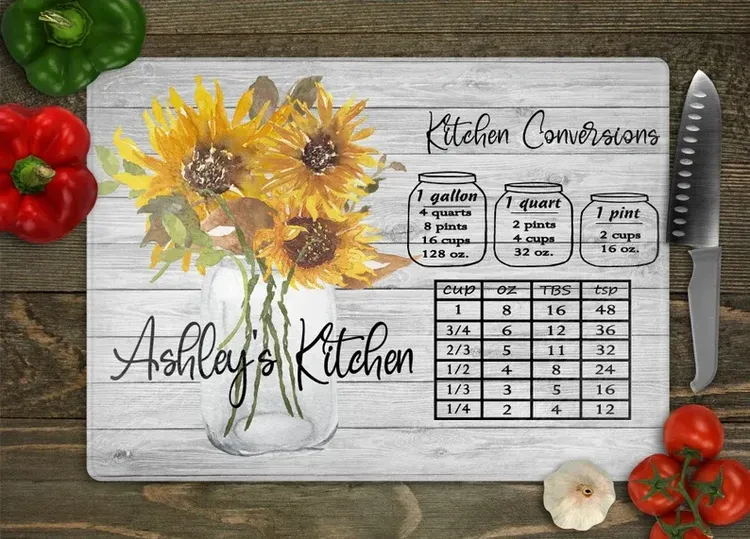 Sunflower Measurement Conversion Glass Cutting Board