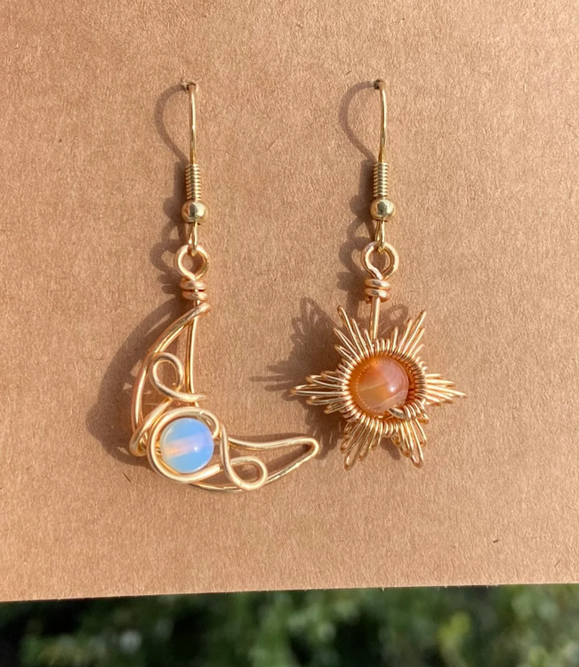 Golden Sun and Moon Crystal Earrings