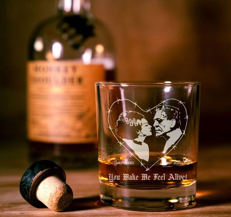 Personalized Frankenstein and Bride Whiskey Glass