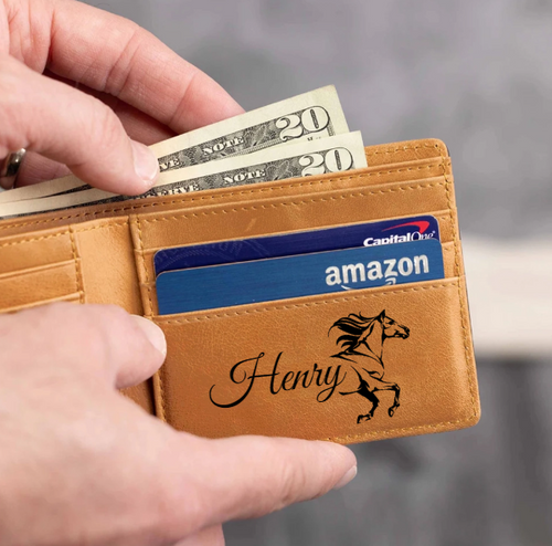 Horse Art with Name Engraved Leather Wallet