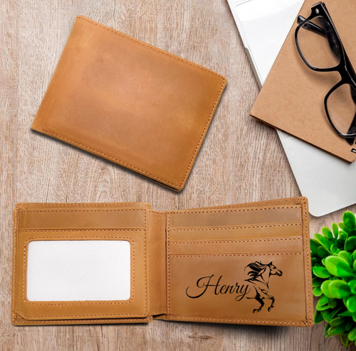 Horse Art with Name Engraved Leather Wallet