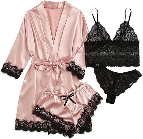Lace Trim Cami Lingerie Sleepwear with Robe