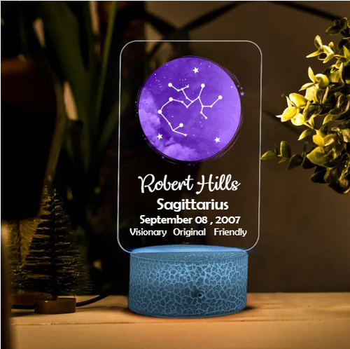 16th Birthday Zodiac Sign and Name Printed Night Light