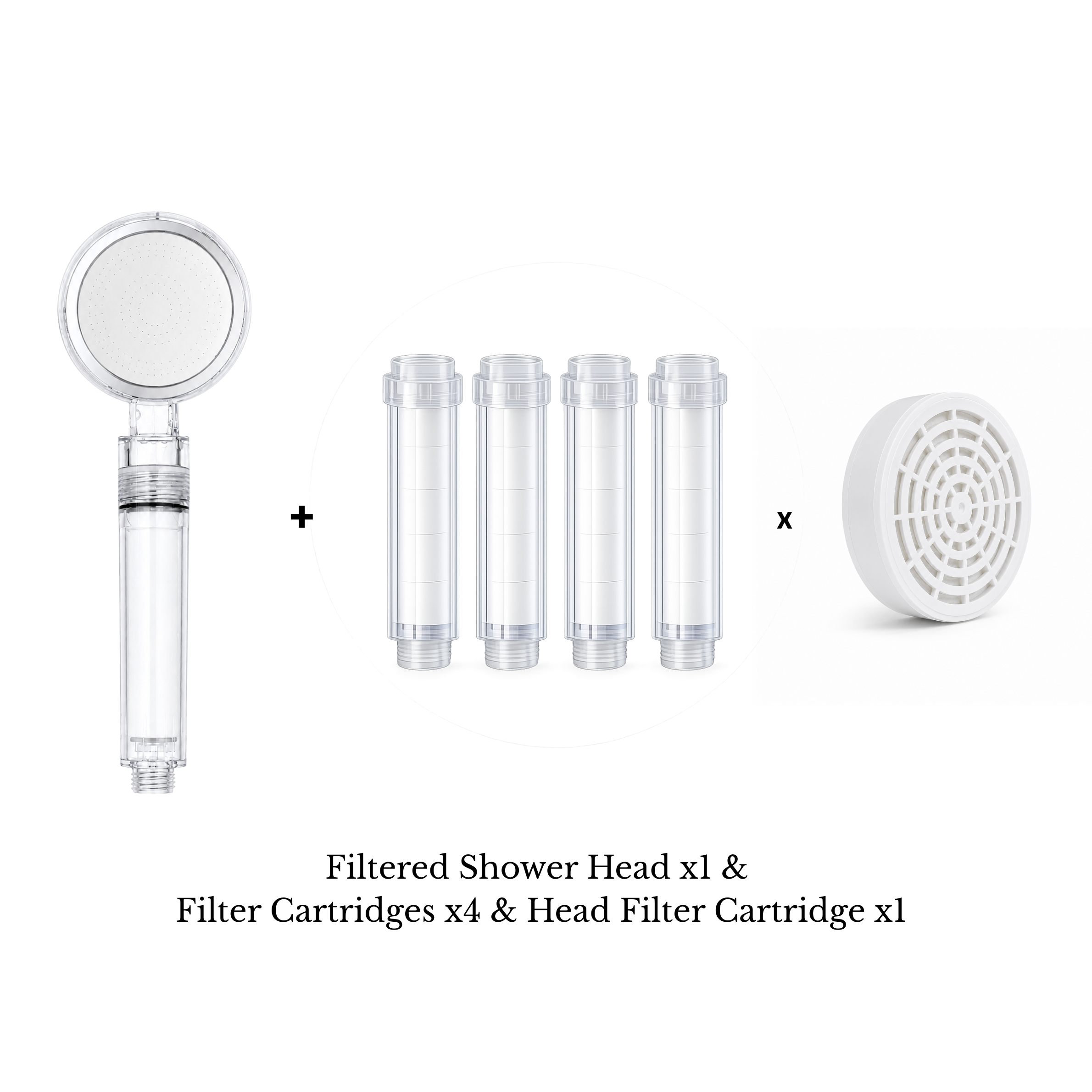 Filtered Shower Head x 1 && Filter Cartridges x 4 && Head Filter Cartridge x 1