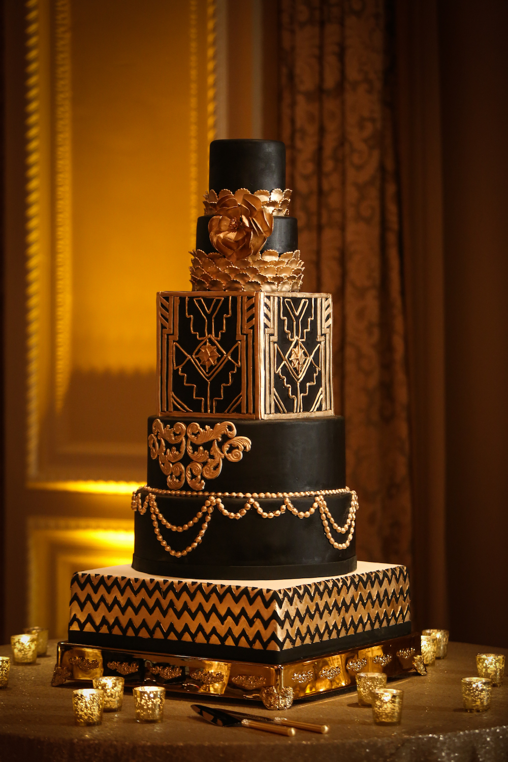 Moody Art Deco Wedding Inspiration, halloween wedding cake, black and gold wedding cake