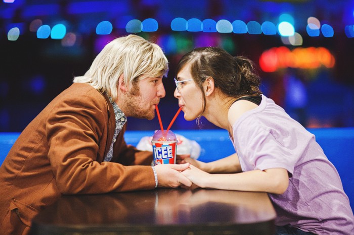 retro date night ideas, milkshakes engagement photos