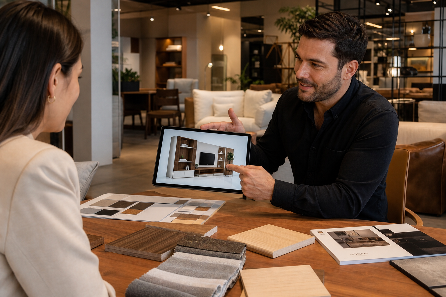 Arquiteto apresentando projeto 3D de móveis planejados em tablet para cliente em showroom moderno