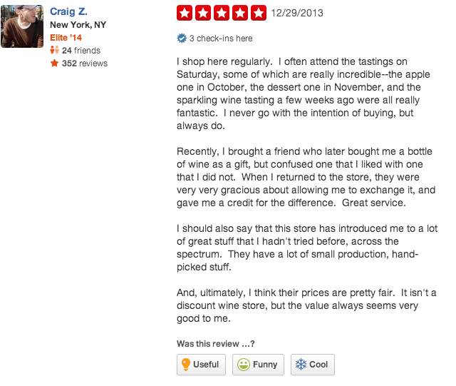 a positive yelp review of Union Square Wines