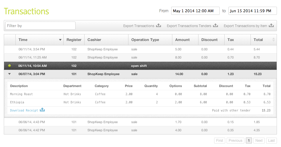 ShopKeep POS transaction table