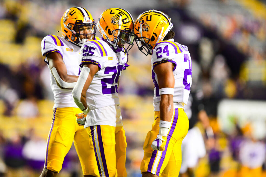 Derek Stingley Jr. and Cordale Flott during the first half of a game between LSU and South Carolina at Tiger Stadium in Baton Rouge, Louisiana on Saturday, Oct. 24, 2020.(Photo by: MG Miller / LSU Athletics)