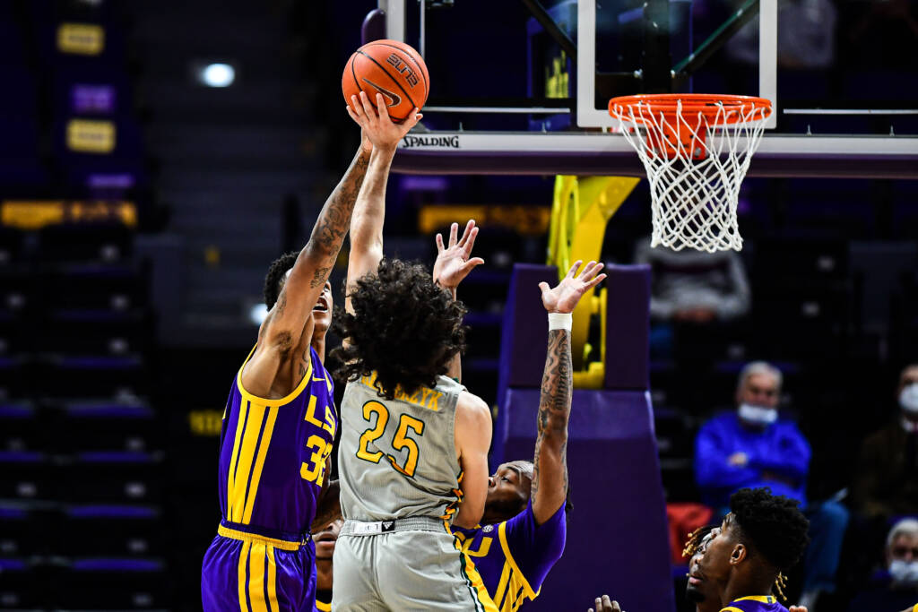 Shareef O'Neal of the LSU Tigers during a game against the Southeastern Lions at PMAC on November 30, 2020 in Baton Rouge, Louisiana. 