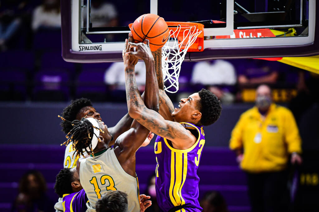 Shareef O'Neal of the LSU Tigers during a game against the Southeastern Lions at PMAC on November 30, 2020 in Baton Rouge, Louisiana. 