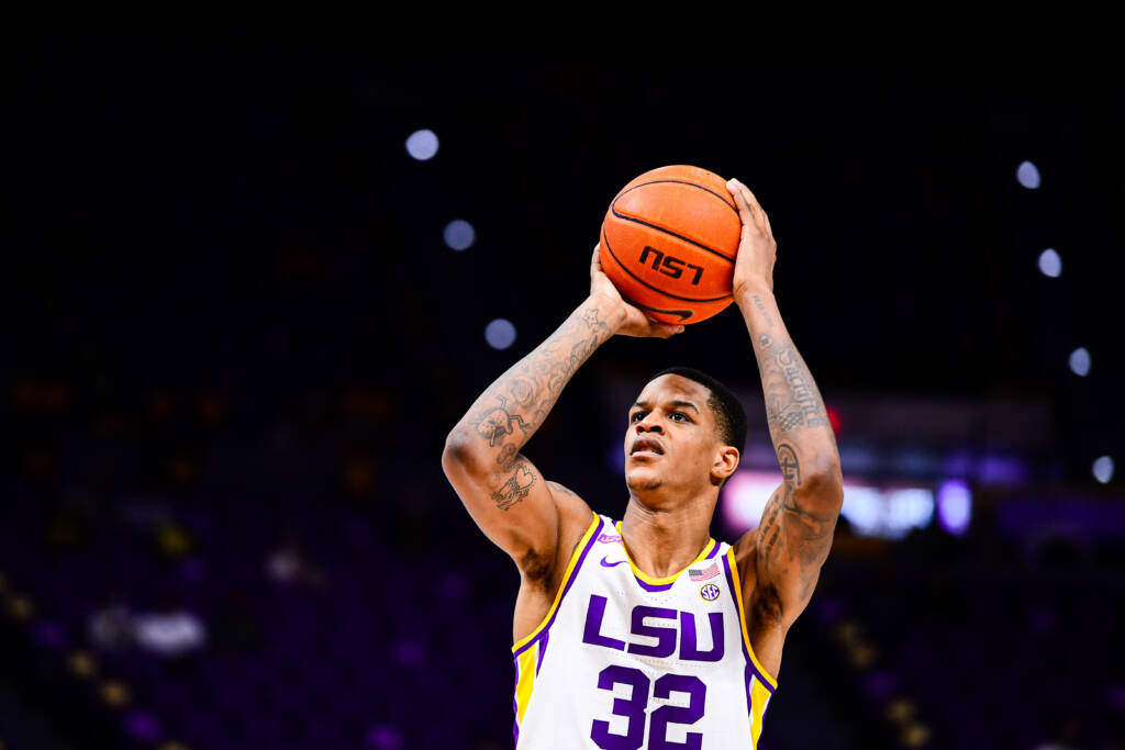 Shareef O'Neal of the LSU Tigers during a game against the Louisiana Tech Bulldogs at Pete Maravich Assembly Center on December 6, 2020 in Baton Rouge, Louisiana. 