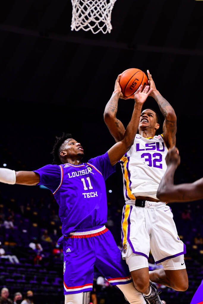 Shareef O'Neal of the LSU Tigers during a game against the Louisiana Tech Bulldogs at Pete Maravich Assembly Center on December 6, 2020 in Baton Rouge, Louisiana. 