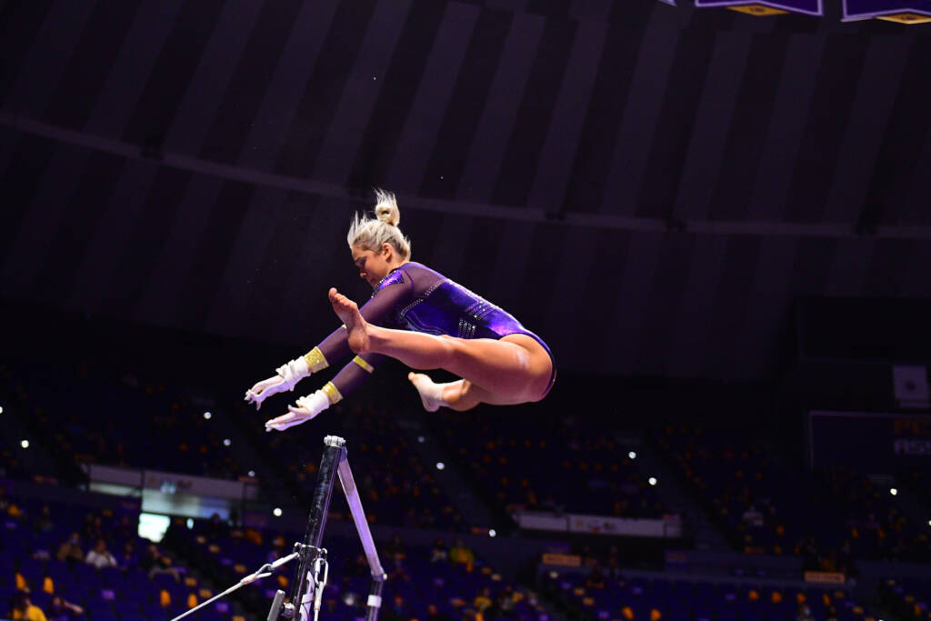 Olivia Dunne during a match against the Georgia Bulldogs at PMAC on 1 22, 2021 in Baton Rouge, Louisiana. Photo by: Brandon Gallego