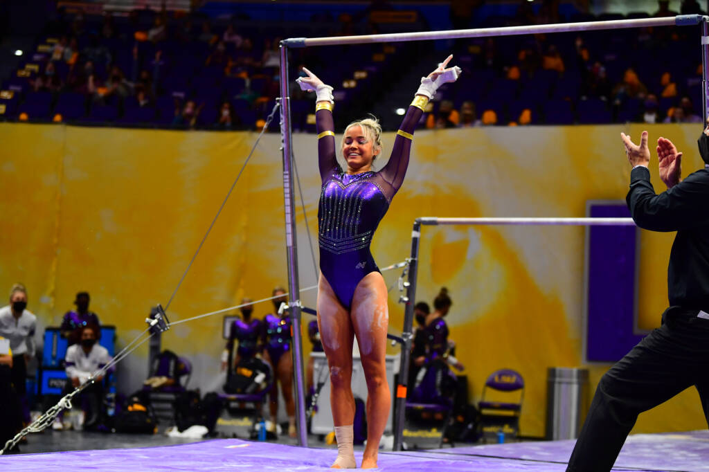 Olivia Dunne during a match against the Georgia Bulldogs at PMAC on 1 22, 2021 in Baton Rouge, Louisiana. Photo by: MG Miller