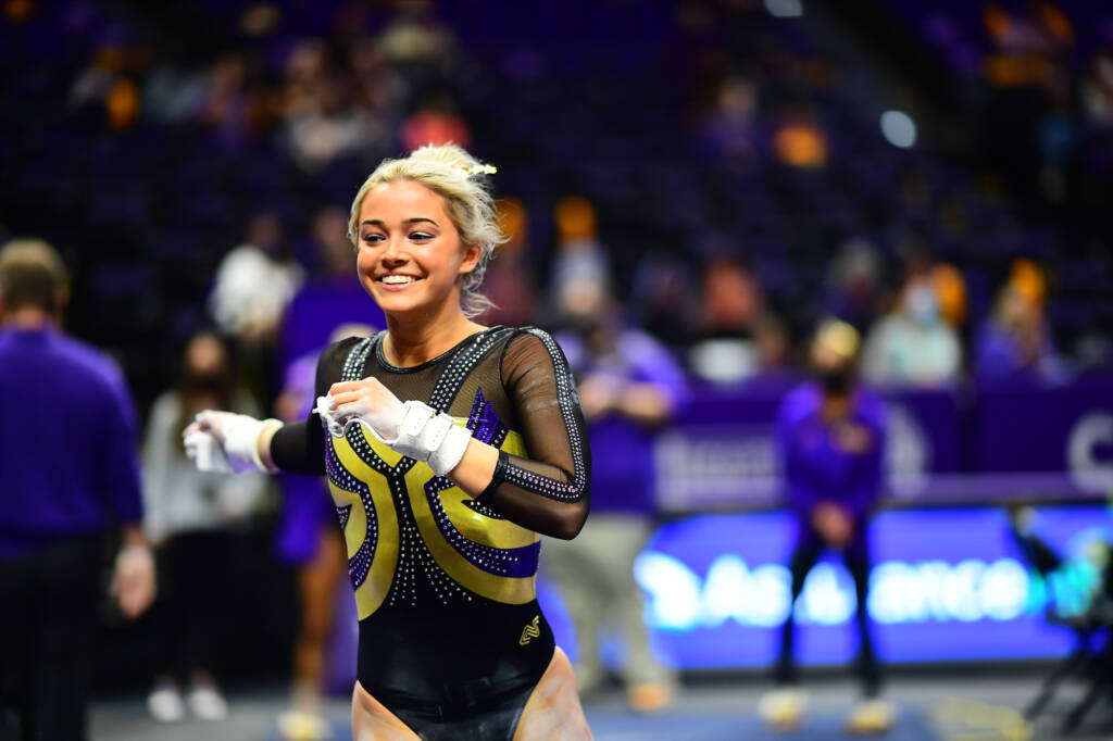 Olivia Dunne during a match against the Arkansas Razorbacks at PMAC on 1 8, 2021 in Baton Rouge, Louisiana. Photo by: Brandon Gallego 