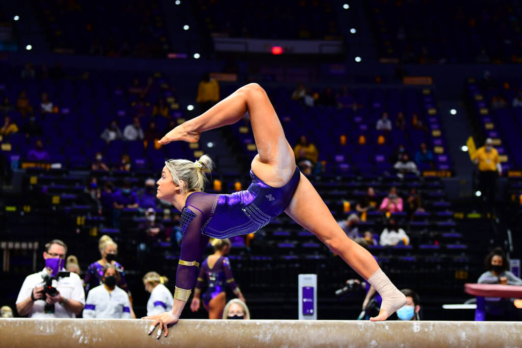 Olivia Dunne during a match against the Georgia Bulldogs at PMAC on 1 22, 2021 in Baton Rouge, Louisiana. Photo by: MG Miller