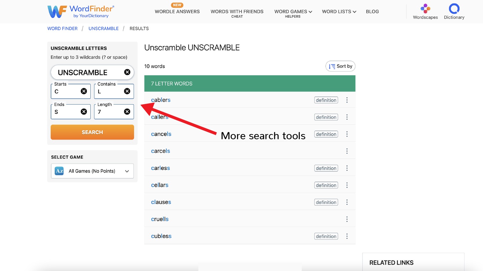 Advanced search on WordFinder