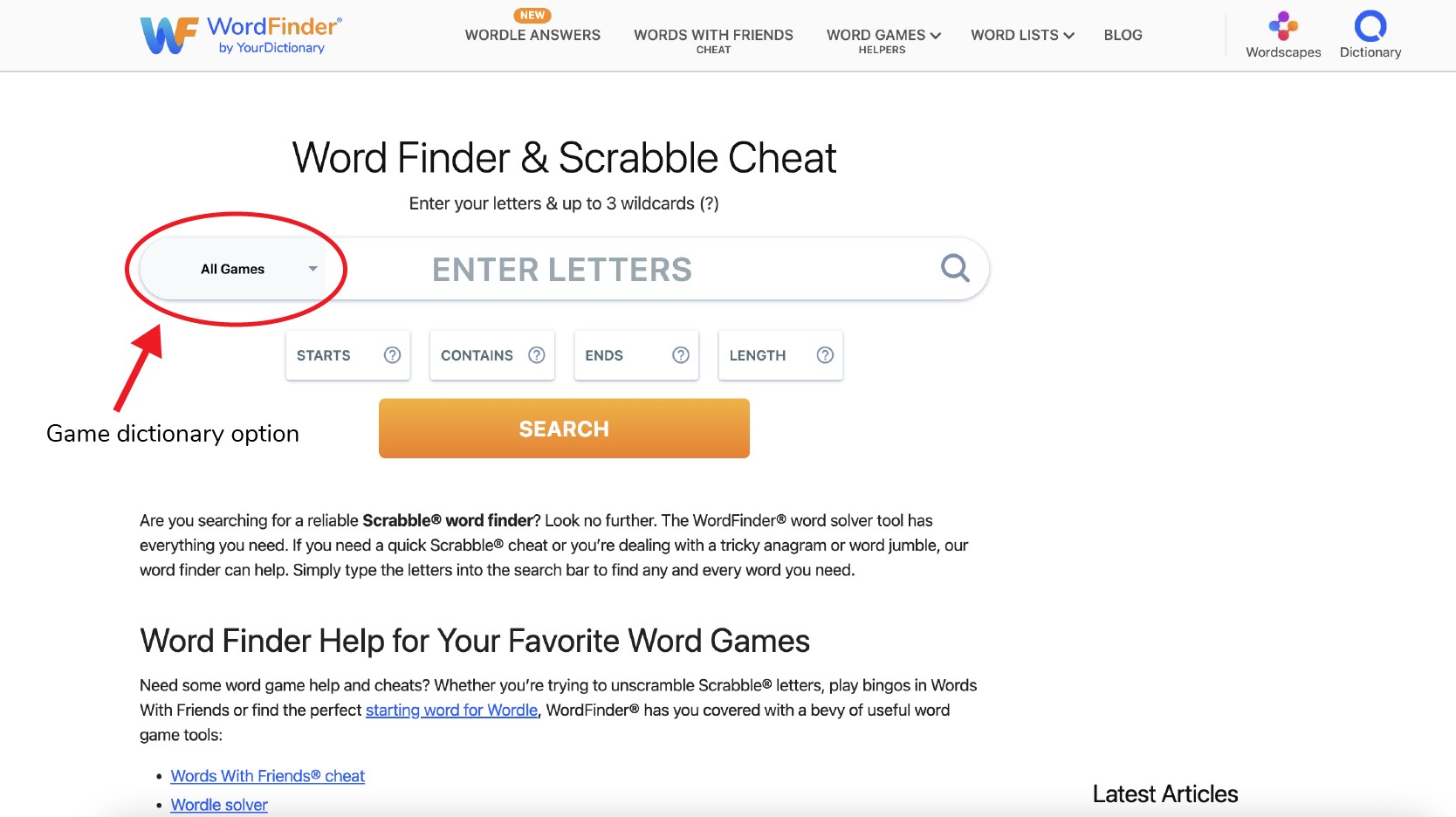 Choose your word game on WordFinder