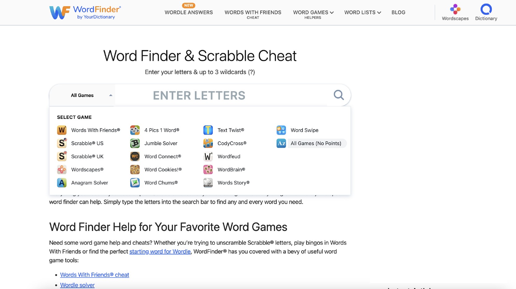 Select game dictionary on WordFinder