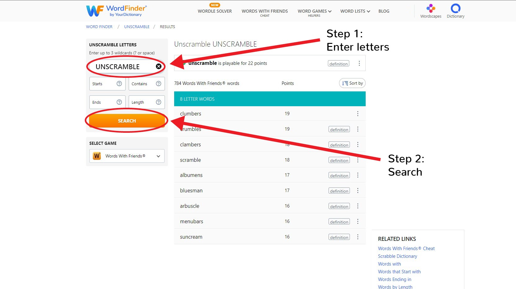 Unscramble results page on WordFinder