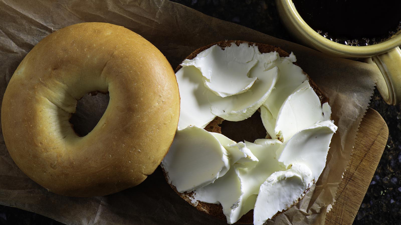 new york bagel with cream cheese schmear