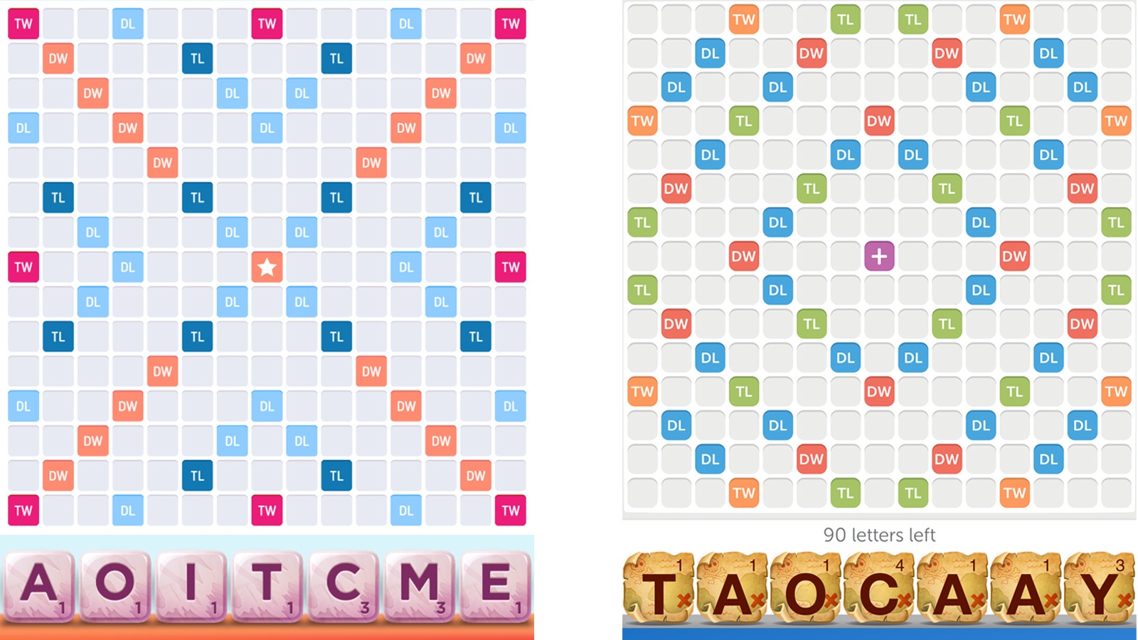 Screenshot Scrabble Go and WWF boards comparison