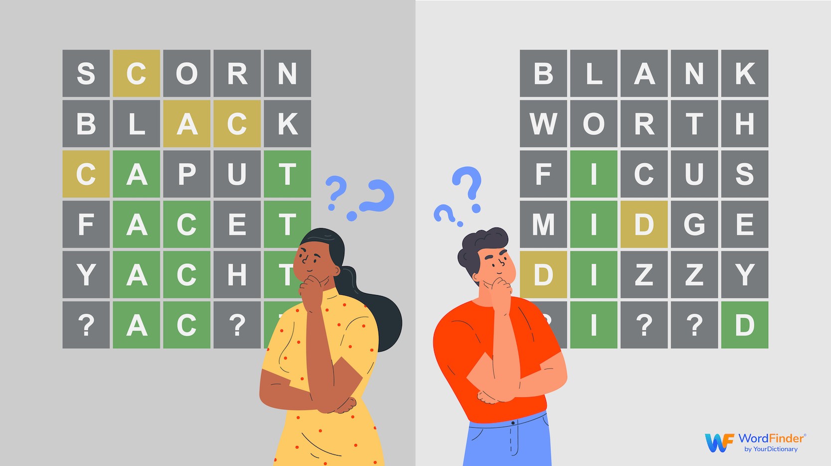 Two people with difficult wordle puzzles