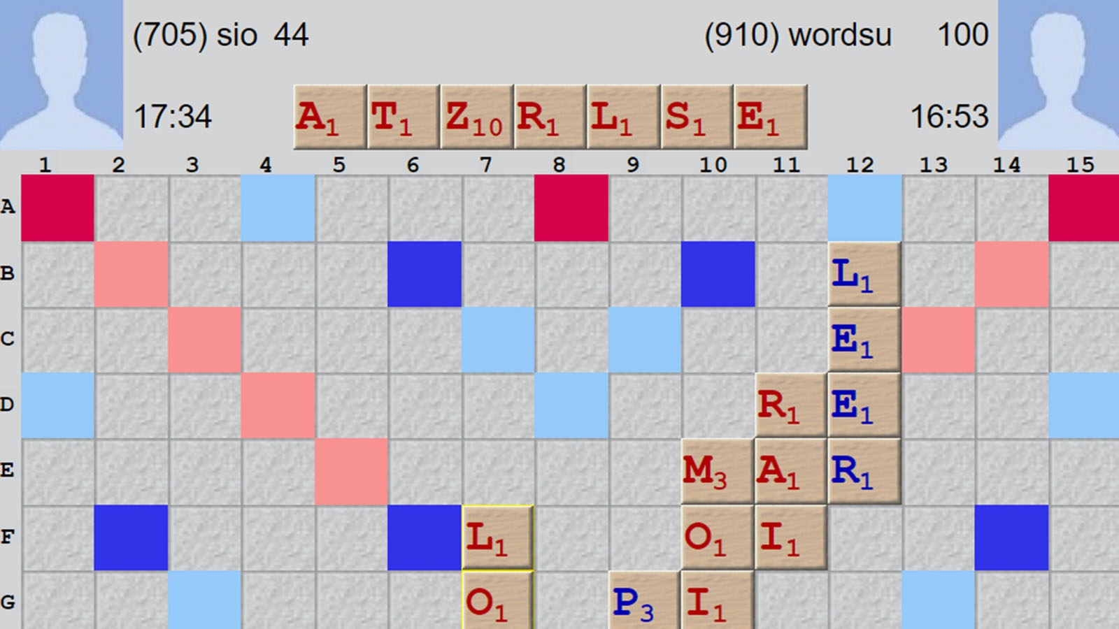 Screenshot of Internet Scrabble Club game