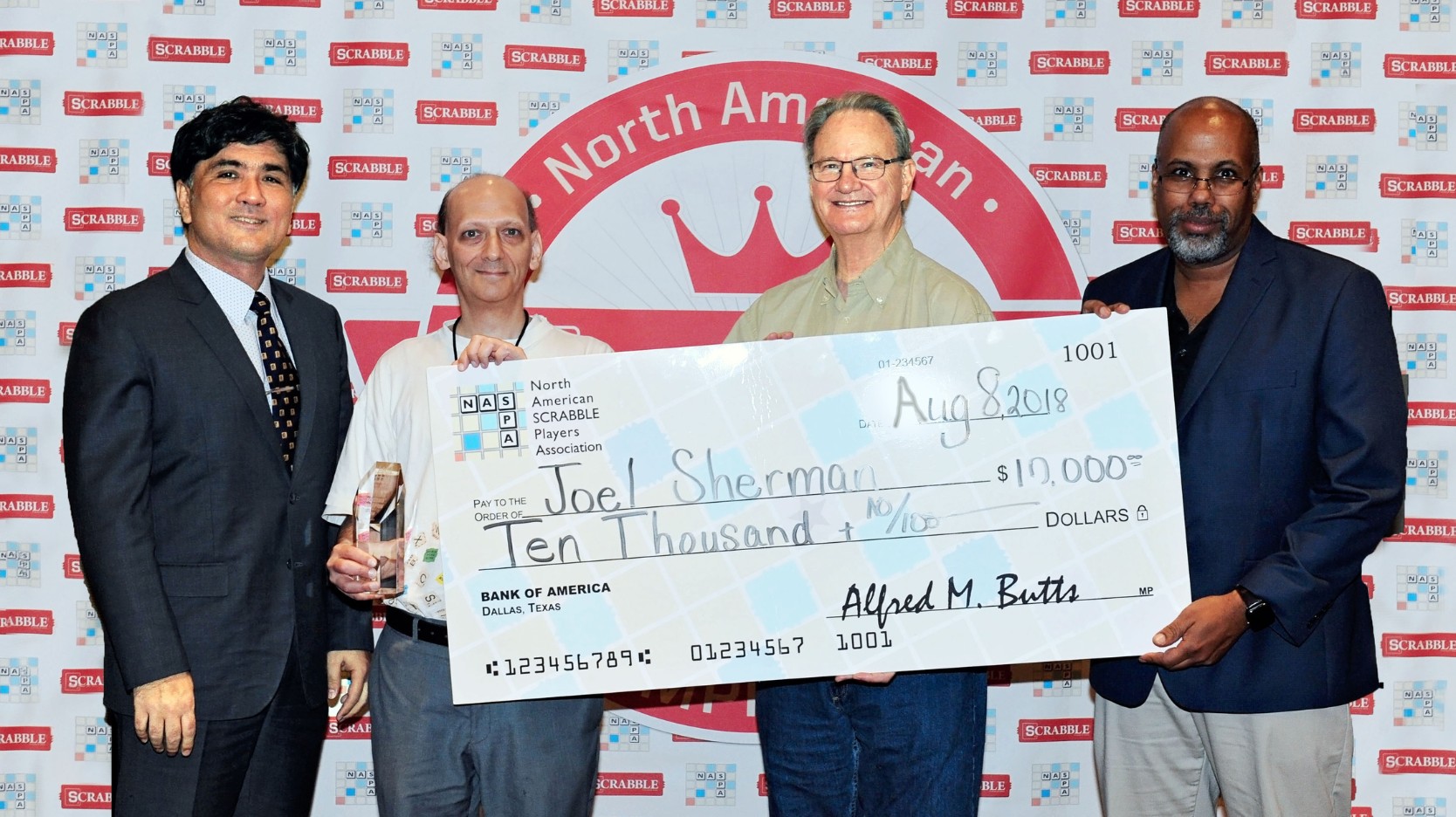 Joel Sherman - Winner of 2018 North American Scrabble Championship with prize check