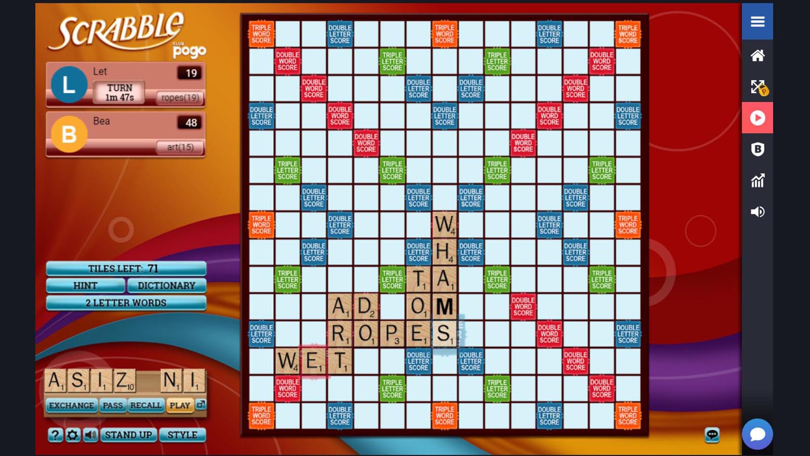 Screenshot of Pogo Scrabble game