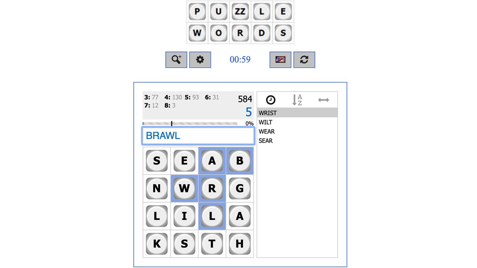 screenshot of puzzle words game