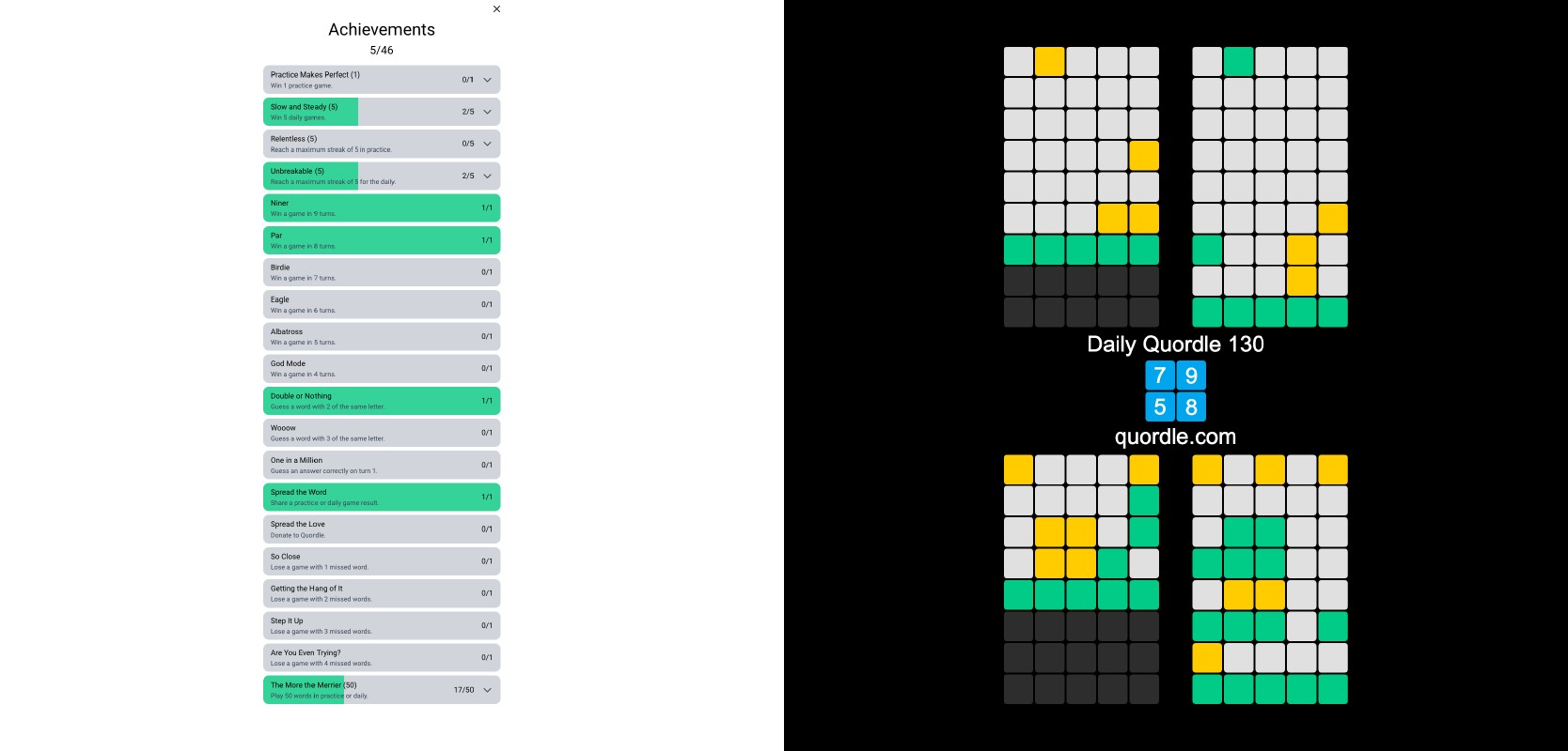 Quordle achievements and stats page