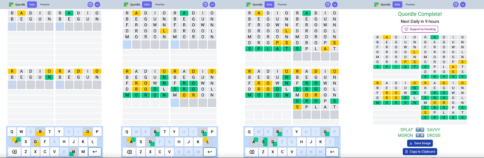 Screenshots of Quordle word game