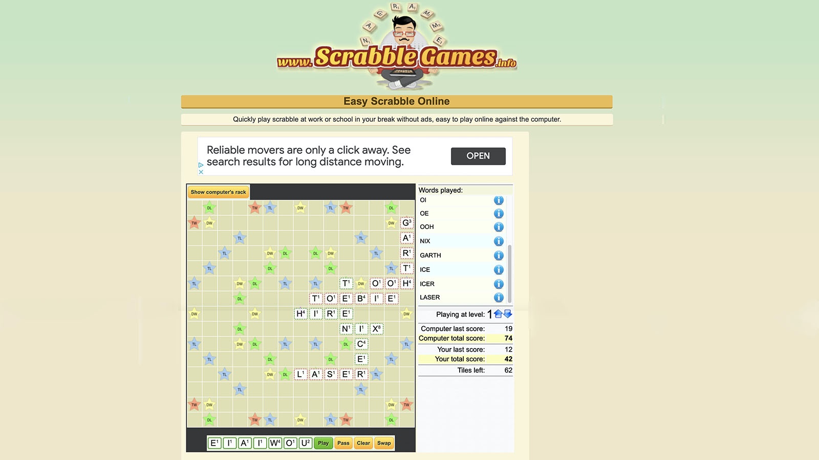 play single player scrabble online