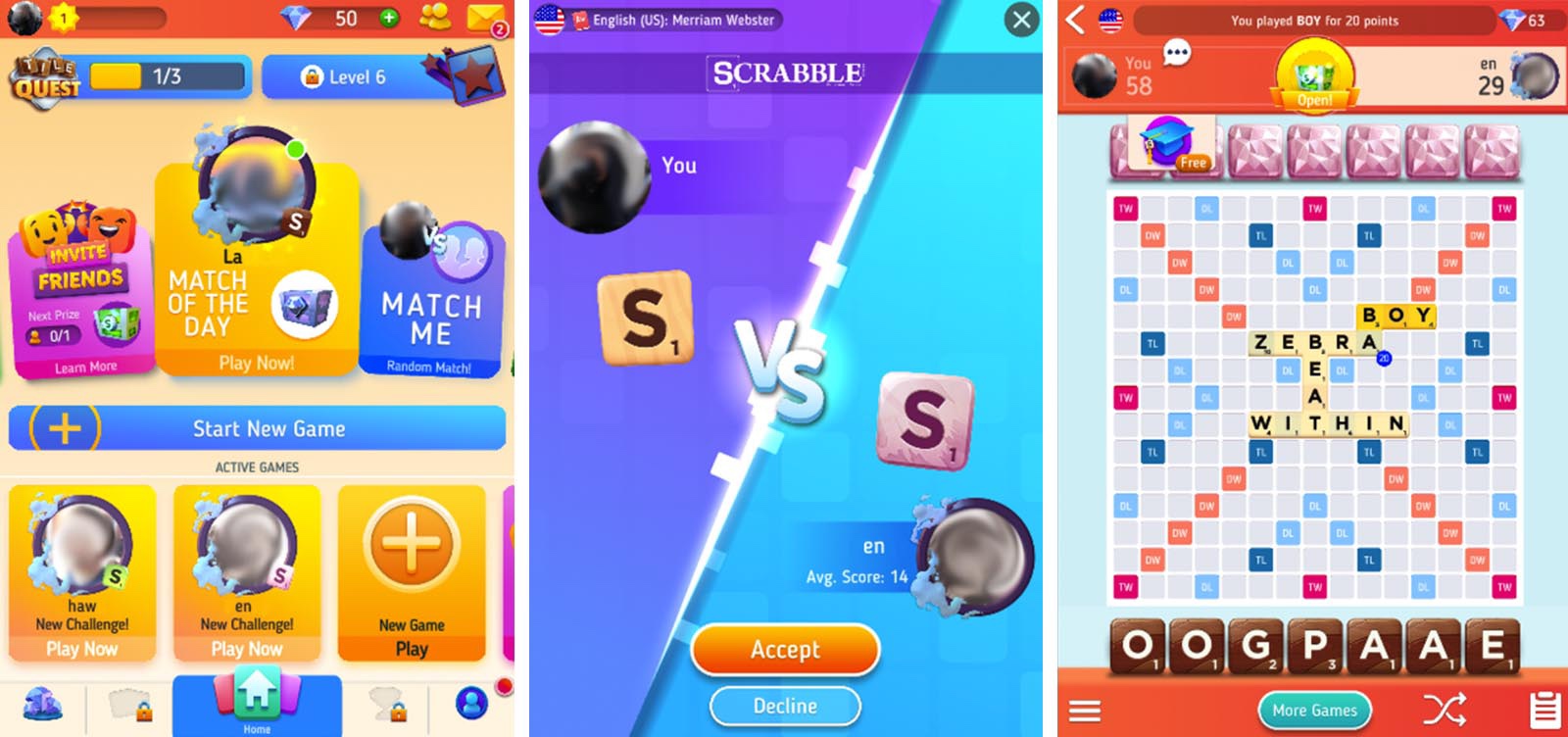 Screenshot of Scrabble Go game on Facebook