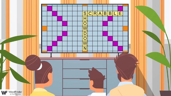 family watching scrabble showdown on television