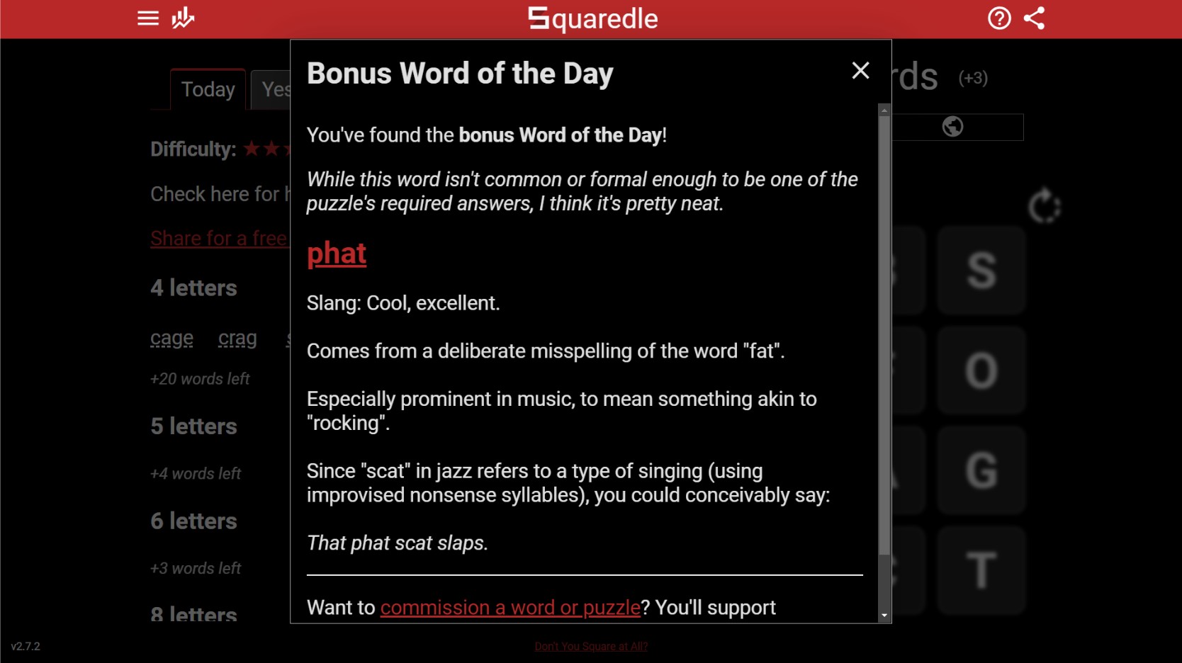 Bonus word in Squaredle online word game