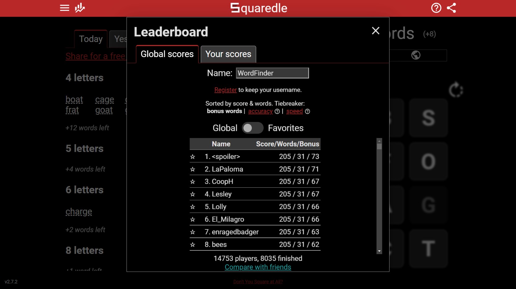 Screenshot of Squaredle game leaderboard