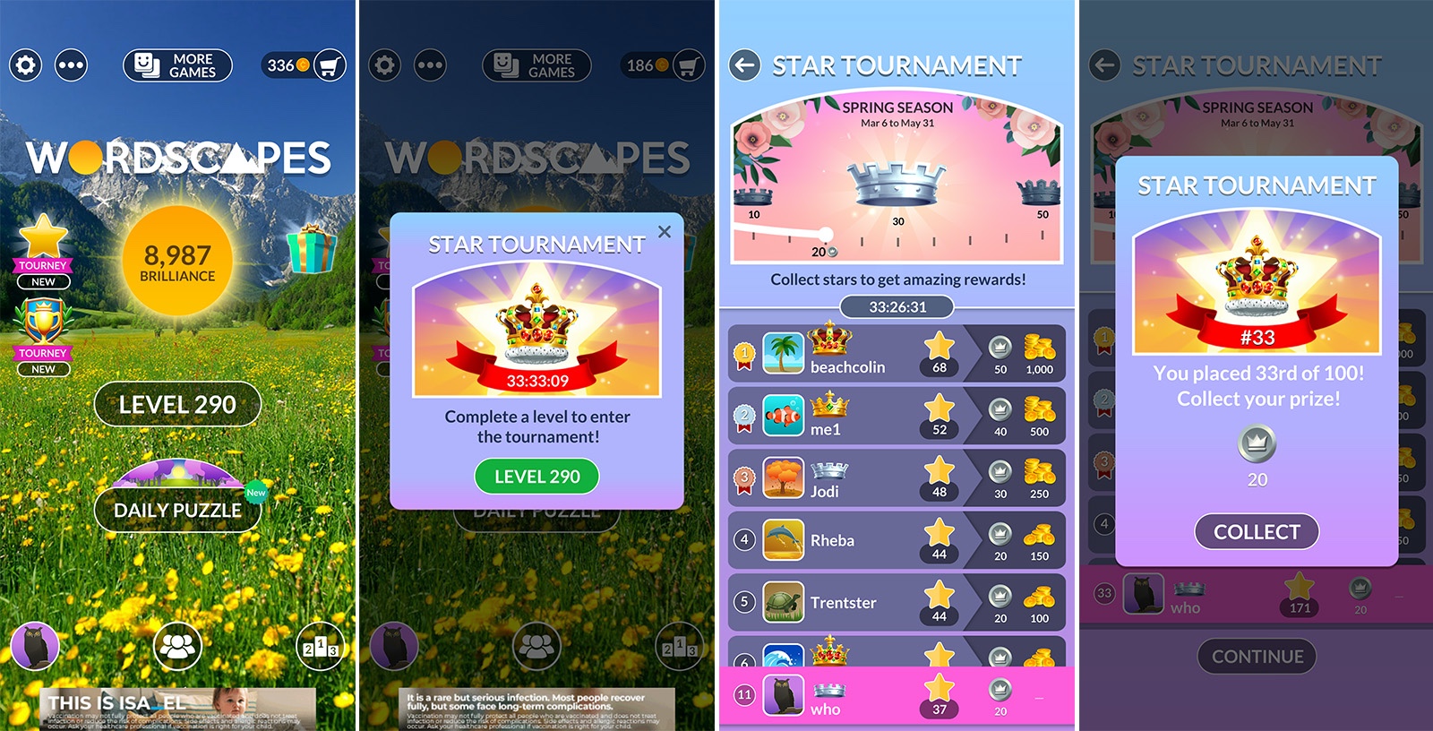 Screenshots of Wordscapes Star Tournament game